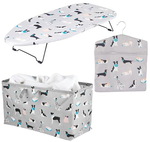 Beldray COMBO-9167 Laundry Set – 3 Piece With Tabletop Ironing Board, Large Laundry Hamper, Peg Bag, Matching Dog Print Design, Foldable Clothes Hamper Tote, Machine Washable 100% Cotton Cover