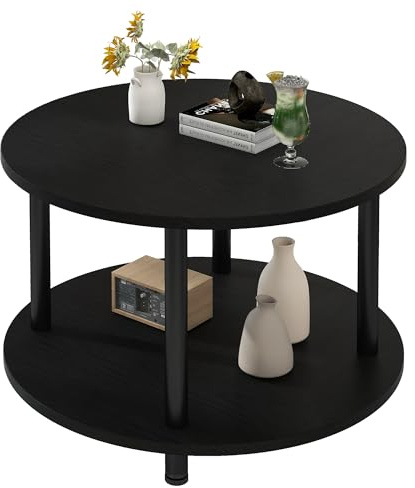 VERFARM Couchtisch Rund, 2 Ablagen, Wohnzimmertisch, Beistelltisch, Kaffeetisch, Sofatisch, für Wohnzimmer, Schlafzimmer, stabiles Metallgestell/MDF Platte, 60 x 60 x 48.5 cm, schwarz-schwarz