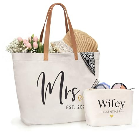 ELEGANTPARK Mrs Gifts Future Mrs. 2026 Bag Wedding Gifts for Bride Bridal Shower Bachelorette Party Honeymoon Travel Large Shoulder Bags Canvas Totes with Zipper Set of 2
