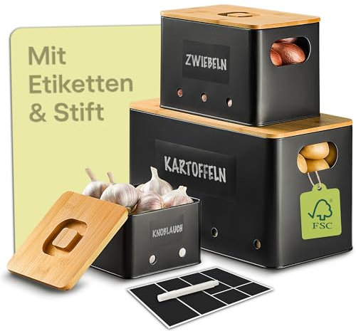 Boîte de Conservation Pomme de Terre - Lot de 3 Empilables - Trous d'Aération pour Fraîcheur Prolongée - Couvercle en Bambou FSC® - Idéal pour Pommes de Terre, Oignons & Ail - Avec Étiquettes & Stylo