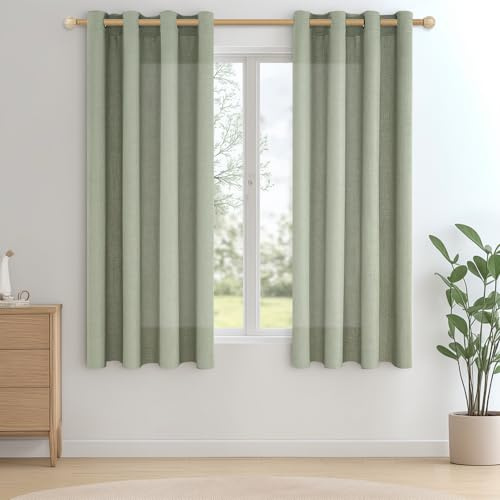 CUTEWIND Korta, salviagröna linnegardiner, 140 x 137 cm, genomskinlig fönstergardin med öljetter, voilegardin med linneeffekt, för vardagsrum, sovrum, kök, 2 delar