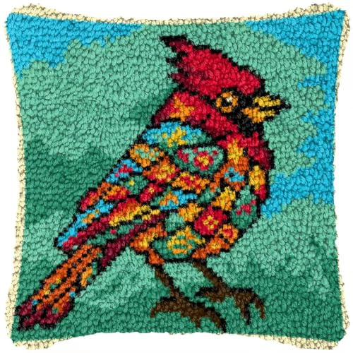 YOOLOOKY Latch Hook Pillow Kits for Adults Beginners Pre-Printed Canvas Embroidery Cushion for Home Sofa Decoration 17x17inch (Bird)
