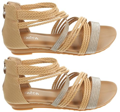 Mikikit Sandalias Planas Romanas Elegantes de Verano para Mujer Suela Antideslizante en Color Beige Talla 41, Calzado Ligero y Cómodo para Vestir y Uso Diario