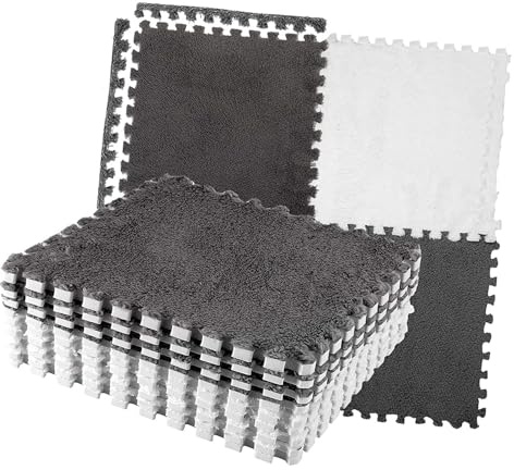 SIXRUN Tapis de Sol en Mousse Peluche, Tapis Emboîtable Antidérapant, Polyvalent pour Les Aires de Jeux et Les Chambres, 10 Puzzle Doux 30x30cm (Gris Blanc)