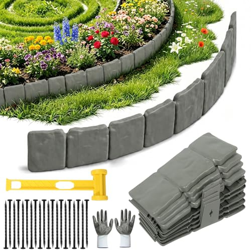 Lot de 20 bordures de parterre en plastique avec marteau et gants, 5 m de bordure de pelouse en plastique avec aspect pierre, bordure de parterre de fleurs et bordures de pelouse (gris)
