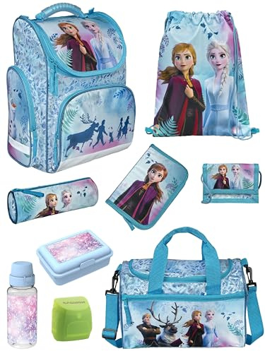 Familando - Schulranzen Set CLOU - 9-teilig mit Sporttasche - Disney Eiskönigin (Frozen) - Ergonomisch, Stabil & mit gepolstertem Rücken - 930g leicht - 15L Volumen - Mit Reflektoren - ab 1. Klasse