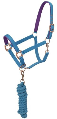 Tough1 Padded Horse Halter with Antique Hardware and Lead Rope - Aqua Blue