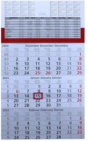 Gefaltet 3 Monats Wandkalender 2025 mit Datumschieber in Rot, inkl. Ferienübersichten und Jahresüberblick 2025 und 2026, Dreimonatskalender werbefrei, 3 Monatskalender keine Werbung