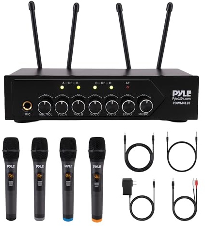 Pyle Wireless Microphones, Professional UHF Dual Microphones for Karaoke, Wireless Dynamic Microphone System Set with Rechargeable Receiver,Plug and Play, Speech, Wedding, Church, PA System