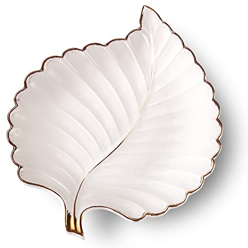Ceramic Jewelry Trays Trinket Dish Ring Dish Ceramic Candy Plate Snack Plate Leaf Shaped Dish (White, Medium)