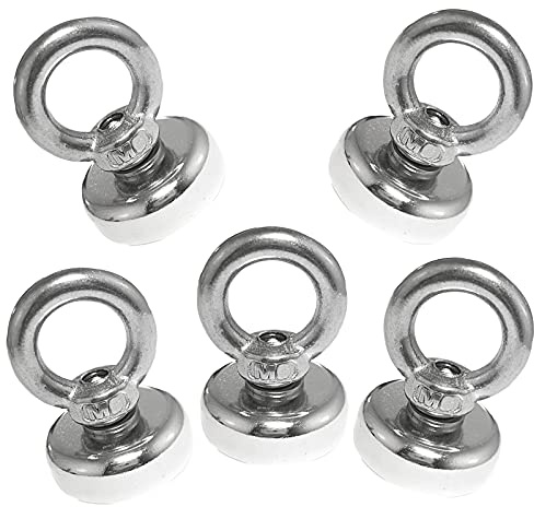 LeBigMag 5 imanes de neodimio con ojales, diámetro de 20 mm, 8 kg de fuerza de sujeción, ojal extraíble con rosca M4.