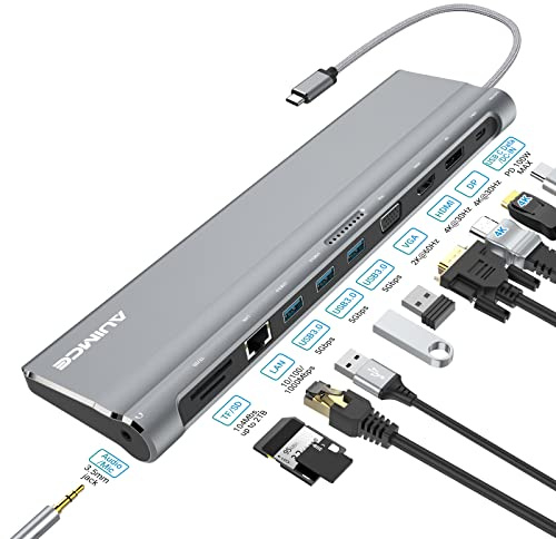 USB C Docking Station Dual Monitor, Universal USB C Dock,4K HDMI, DP, VGA Multiport Display Laptop Hub, Ethernet,3 USB A SD/TF, PD, Audio for Dell/HP/Lenovo/MacBook Pro/Thunderbolt 3 Laptops
