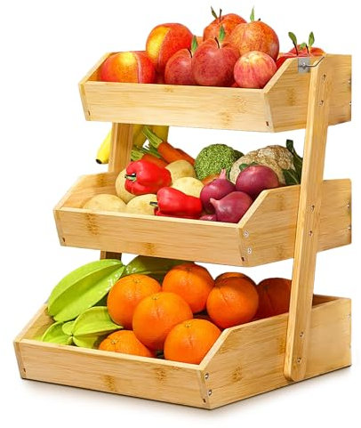 GET SORTED Cesta de frutas de bambú de 3 niveles, capacidad de más de 33 libras, 12 mm de grosor, parte inferior elevada y 2 ganchos, para pan, artículos de tocador, aperitivos, condimentos, cuenco de