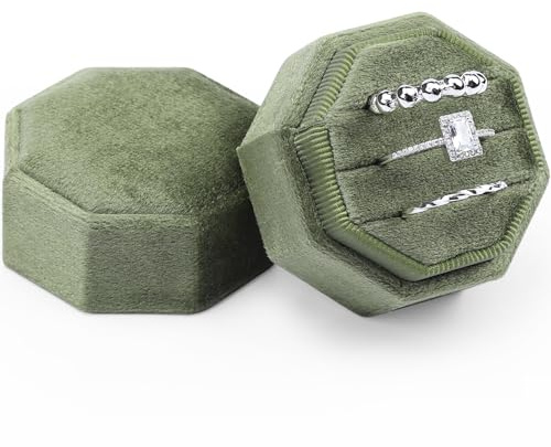 WantGor Velvet Ring Box, 3 Slots Jewelry Ring Gift Box Vintage Ring Display Holder Case for Wedding Ceremony Proposal Engagement (Olive Green)