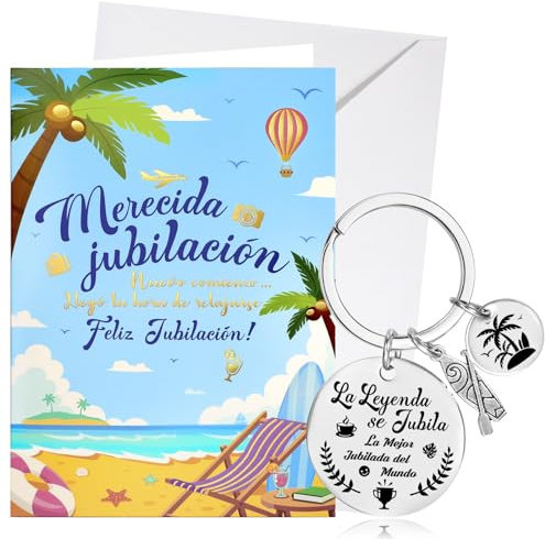 DPKOW Feliz Jubilación Tarjeta con Sobre + Llavero para Jubilación Regalo, La Mejor Jubilada del Mundo Llavero Despedida Compañero Trabajo Tarjeta Regalo para Hombre Mujer de Jubilación Jubilado