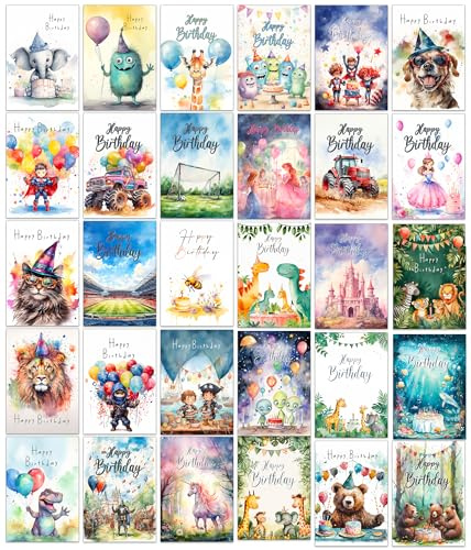 30 Different Bright and Fun Assorted Kids Birthday Cards with Envelopes (Children)