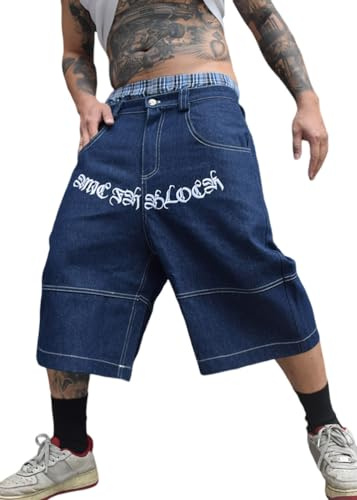 ORANDESIGNE Pantaloncini Uomo Jeans Corti Gamba Larga Hipster Baggy Jeans Streetwear Hip Hop retrò Pantaloni da Skate