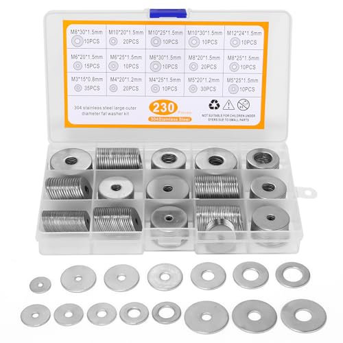 Juego de 230 arandelas planas de acero inoxidable 304, arandelas de metal para sellar tornillos, gran surtido de arandelas en 15 tamaños diferentes M3/M4/M5/M6/M8/M10/M12