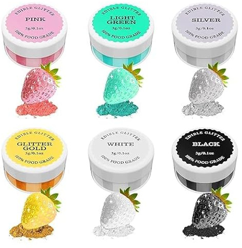 Essbarer Glitzer set 6 x 3g, 6 Farbenset Glitzerpuder Backglitzer für Getränke, Geschmacklos Essbare Glitzerpulver, Glitzer für Liköre, Cocktails, Torten, Pralinen, Dessertdekorationen (Model B)