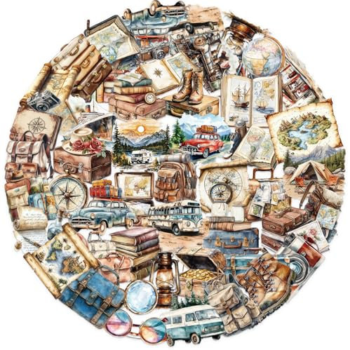 PRETTYSUNSHINE Retro Reisen Sticker Set 50 Stück, Vintage Outdoor Abenteuer Aufkleber für Koffer, Journal, Scrapbook, Kindle, Auto, Fahrrad, Helm, Laptop, Wasserfest Transparenter PET-Aufkleber