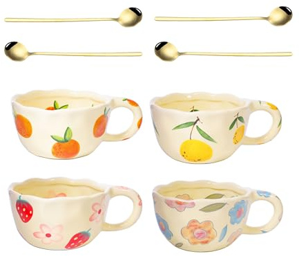 Lot de 4 tasses à café en céramique de 250 ml - Motif floral rétro - Avec poignée - Cuillère à latte irrégulière - Cadeau de Saint-Valentin - Pour bureau, maison, lave-vaisselle et micro-ondes
