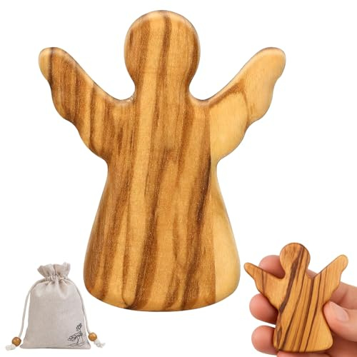 Ferizzia Ángel de Guarda de Maderade Olivo, Amuleto de la Suerte, Figura Ángel con Bolsa de Tela, Decorar Regalo para Nacimiento, Navidad, Bautizo, Comunión y Confirmación