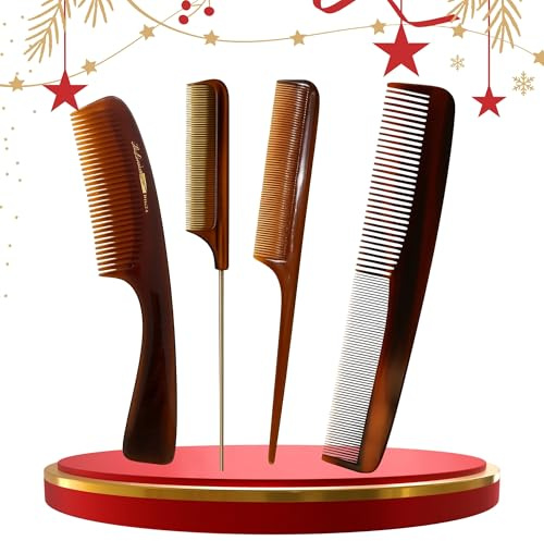 Pack de 4 Peines de Peluqueria Profesional Antitirones Color Carey – Peine Hombre y Mujer Fino, Corte, Peine Puas Anchas para Rizos y Texturizador – Hecho en España