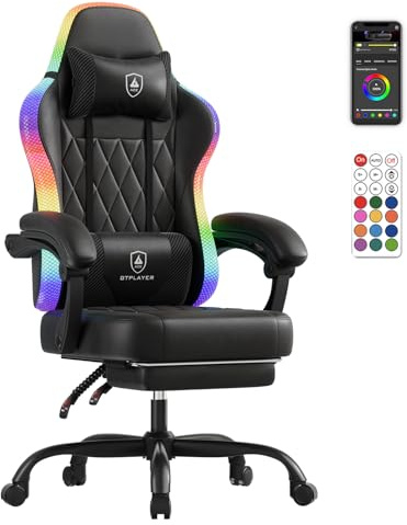 GTPLAYER Gaming Stuhl, Bürostuhl, Gaming Chair mit LED Lichtleiste, Gamer Stuhl, Rückenlehne mit Aufbewahrungstasche Ergonomischer PC Stuhl mit Fernbedienung