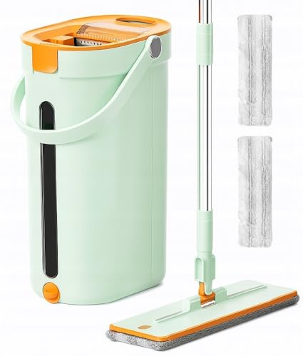 Floormy City Mocio Piatto con Secchio a Doppia Camera – Sistema Acqua Pulita e Sporca Separata, 2 Panni in Microfibra, Senza Aloni, per Parquet, Piastrelle e Pavimenti