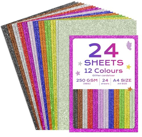 Flintronic A4 Glitter Cardstock, 24 Sheets Multi Colour Sparkle Paper 12 Assorted Colours 250gsm for Cards Making, Scrapbook, Printing, Invitations, 21 x 29.7 cm