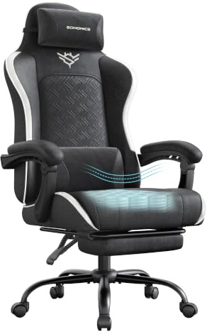 SONGMICS Silla Gaming Ergonómica, con Reposapiés y Soporte Lumbar | PU y Tela, Reclinable a 135°, 70 x 70 x (123,5-133) cm, para Oficina, Negro y Blanco, Colección CATHY OBG079B301