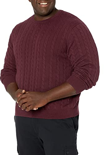 Amazon Essentials Jersey de Algodón Trenzado con Cuello Redondo Hombre, Burdeos, XL
