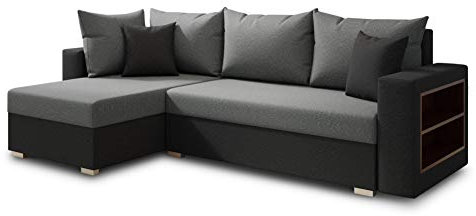 Ecksofa Lord mit praktischen Regal - Sofa mit Bettkasten und Schlaffunktion, Schlafsofa, Polsterecke, Couch L-Form, Couchgarnitur, Sofagarnitur (Schwarz + Grau (Alova 04 + 10), Ecksofa Links)
