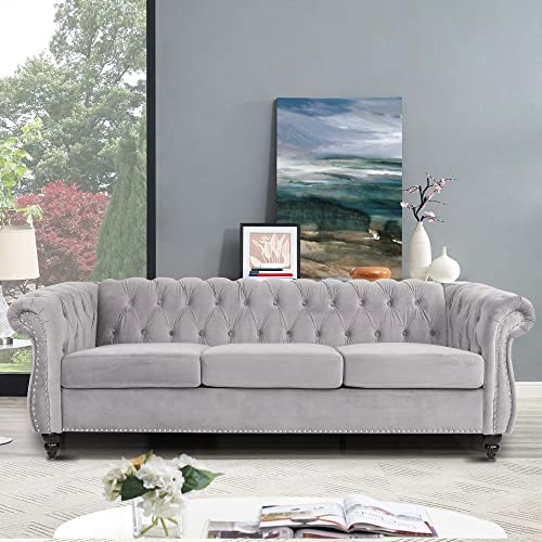 PHOYAL Large Sofa, Velvet Sofa Three-seat Sofa Classic Tufted Chesterfield Settee Couch Modern 3 Seater Couch Furniture Tufted Back for Living Room (Grey)