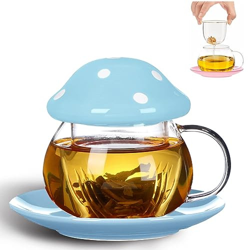 TUHNHGD Tazza Fungo Con Coperchio, Viaggio Caffè, Da Tè In Vetro Con Infusore, Sottobicchiere, Colino, 290 Ml (Blu)