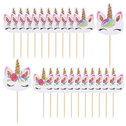 Decorazioni Torta Unicorno, 24 Pcs Decorazione di Unicorno per Cupcake & Torte Compleanno, Unicorno Cupcake Topper con Stuzzicadenti per Muffin & Torta, Stile 1