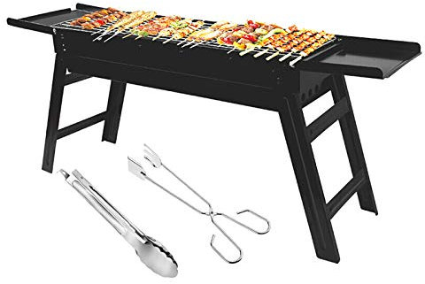 Tragbarer BBQ-Grill, schwarz, tragbarer Barbecue-Räuchergrill für Kochen im Freien, Camping, Wandern, Party, kaltgewalztes Eisen-Holzkohlegrill-Set, 86,9 x 20,1 x 36,6 cm, für Gril