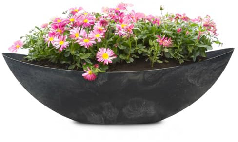Pot de fleurs ovale pour l'extérieur – Grand bateau décoratif aspect pierre noire comme pot de fleurs – 66 cm Jardinier pour jardin, balcon ou cimetière comme bijou funéraire