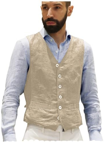 AeoTeokey Gilet in lino da uomo, estivo, vintage, retrò, business, feste, vestibilità regolare, champagne, XS