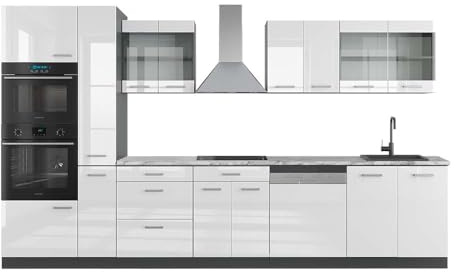 Vicco Küchenzeile R-Line, Weiß Hochglanz/Anthrazit, 350 cm mit Hochschrank, AP Marmor, zur flexiblen Erweiterung durch zusätzliche Module geeignet