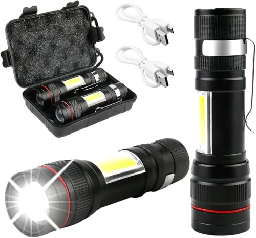 Lot de 2 lampes de poche LED 2000 lumens ultra lumineuses COB - Mini lampe de poche rechargeable par USB - Avec boîte en plastique - 3 modes - Portable - Étanchéité IPX5 - Pour l'extérieur, le