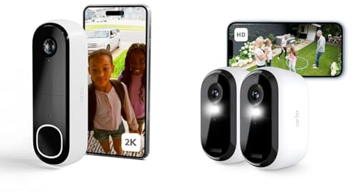 Arlo Sonnette 2K + 2 Cameras exterieures, Sonnette de Surveillance WiFi Exterieure sans Fil, Autonomie de 6 Mois, Capteur de Mouvement, Audio Bidirectionnel, Essai Secure Inclus, Blanc