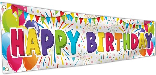 Happy Birthday Banner – Geburtstagsdekorationen – Geburtstag Hintergrund – Bday Banner Hintergrund 180 x 40 cm mit 4 Messinglöchern (weiß)