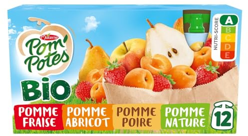 POM'POTES - Compotes pomme, fraise, poire, abricot bio sans sucres ajoutés | Savoureux et onctueux | Idéal pour les desserts | les 12 gourdes de 90g | LOT DE 3