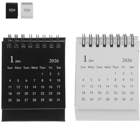 OSALADI 2026 Mini Desktop Calendar 2pcs Black White Flip Page Monthly Planner Portable Tent Stand for Office, Student, and Home Use Jan 2026 to July 2027