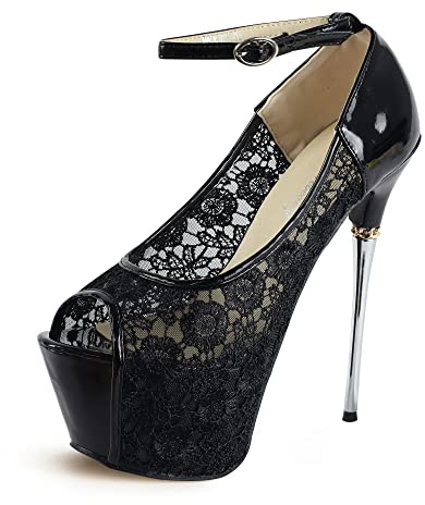 getmorebeauty Women's Black Lace Flower Strappy Hollow High Heels (US 6, Black)