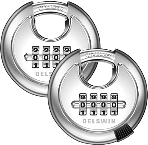 DELSWIN 4 Digit Combination Lock Disc Padlock with Hardened Steel Shackle Outdoor Combo Lock for Outdoor Gate Sheds,Storage Unit,Garage,Fence,Gym Locker(2 Pcs)