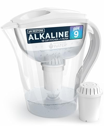 Invigorated Water Filter Pitcher with 1 Alkaline Filter – BPA-Free High pH Purifier, 15-Cup Capacity with SmartLight Filter Change Indicator, (96 Gallon) Long Filter Life
