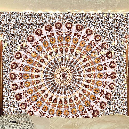 Bless International Indian hippie Bohemian Psychedelic Peacock Mandala Wall hanging Bedding Tapestry (Orange Brown, King (88x104Inches)(225x265Cms))