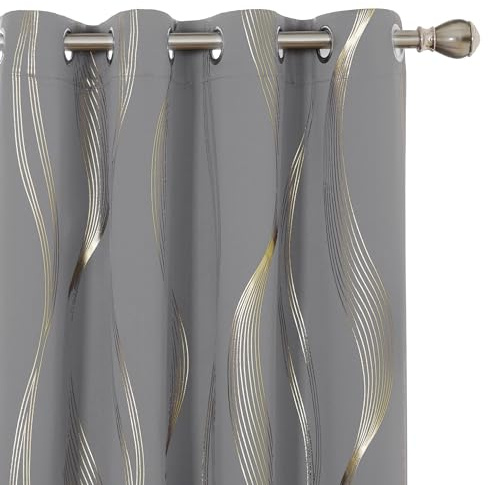 Deconovo Light Grey Blackout Curtains Thermal Insulated Gold Wave Line Foil Printed Curtains for Bedroom 66x54 Inch Light Grey 2 Panels